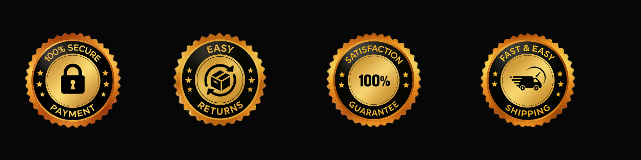 Set of four gold and black icons with text on a black background