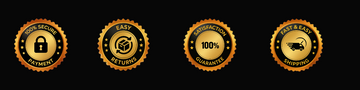 Set of four gold and black icons with text on a black background